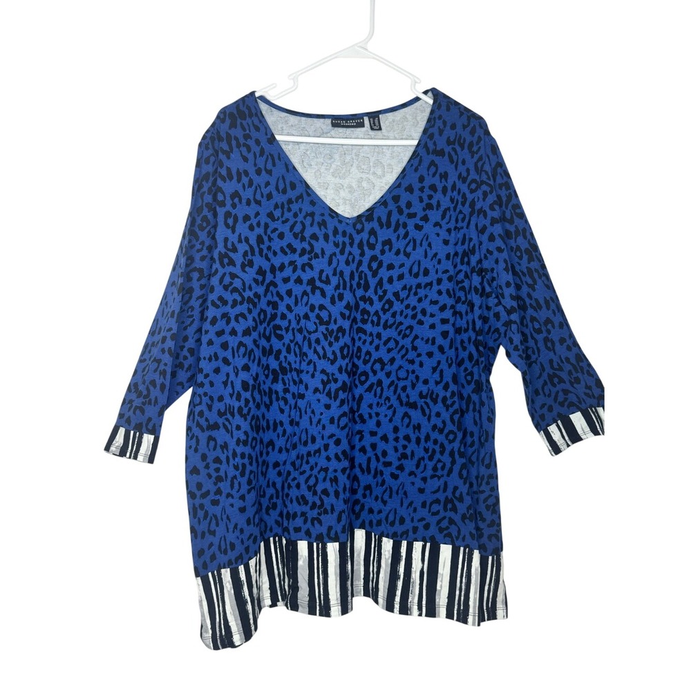 Susan Graver‎ Weekend Womens Blue Mixed Media Tunic Top Sz 2X V Neck Stretch